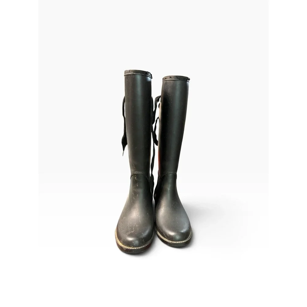 Black Tall Rubber Rain Boots Lace Up Back Equestrian Style Size 7